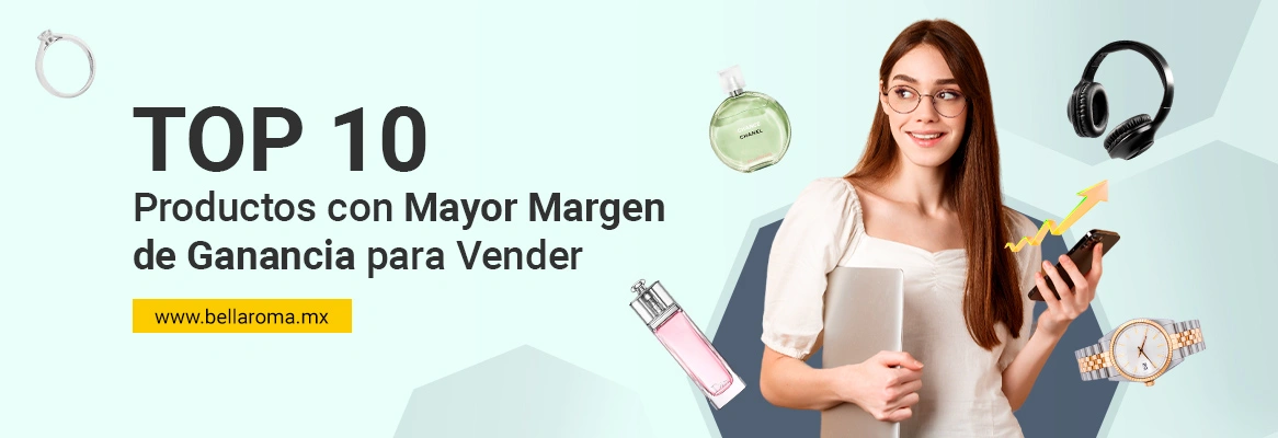 Mujer rodeada y sosteniendo productos con alto margen de ganancia.