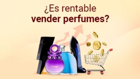 Fragancias en exposición y carrito de compras lleno de monedas para el artículo ¿Es rentable vender perfumes?