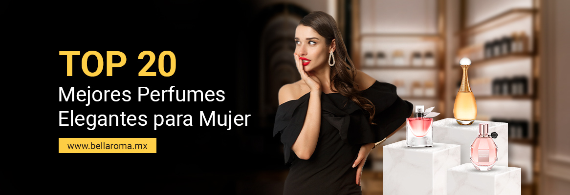 Mujer chic junto a estantería de perfumes elegantes.