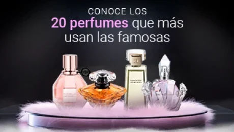 Perfumes que usan las famosas en exhibición sobre superficie adornada