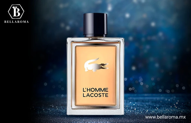 Envase de cristal con tapa negra del aroma L’Homme Lacoste