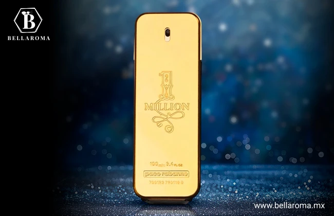 Frasco dorado con forma rectangular del perfume de hombre One Million de Paco Rabanne