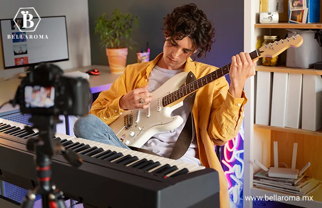 Joven tocando la guitarra frente a una cámara