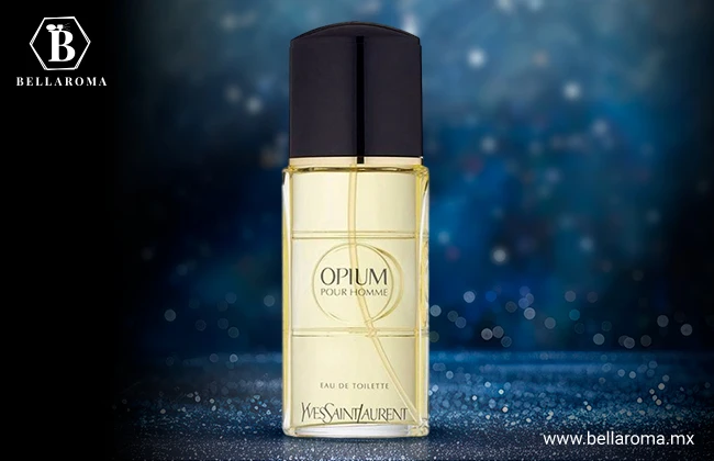 Botella de cristal con tapa negra del perfume Opium Pour Homme