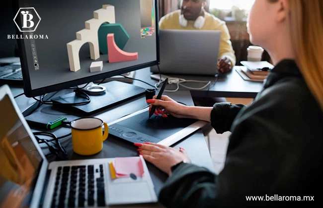 Mujer joven trabajando en una agencia de diseño gráfico que utiliza inteligencia artificial