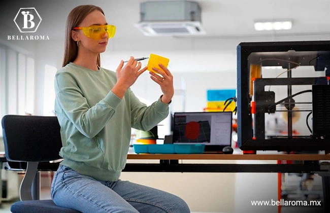 Mujer trabajando en un negocio de impresiones 3D