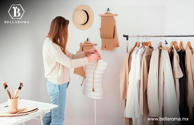 Emprendedora en una tienda de ropa de moda sostenible